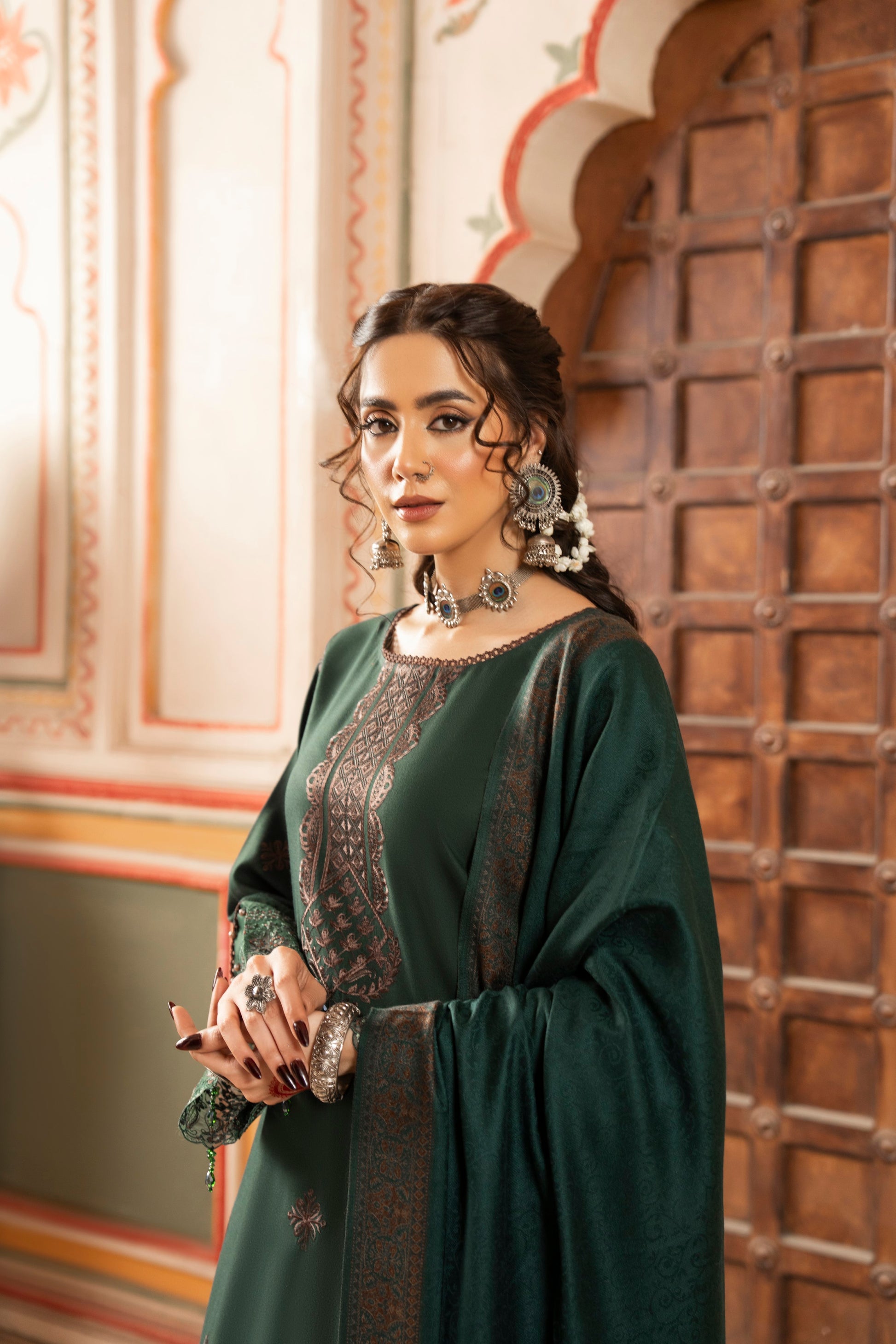 Formal embroidered Dhanak winter outfit with wool shawl and plain trouser.