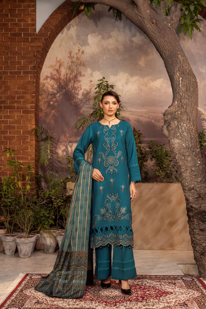 Fancy Dhanak outfit featuring embroidery and wool shawl