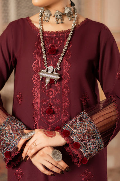 Elegant winter embroidered Dhanak piece with wool shawl ideal for formal wear.