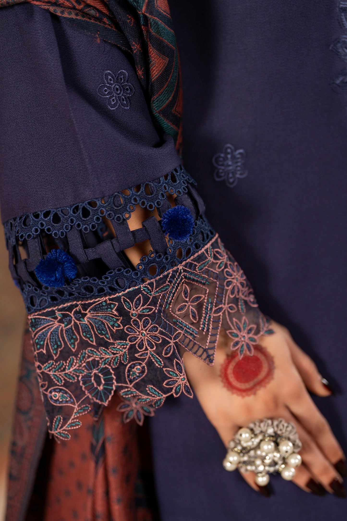 Festive 3PC embroidered Dhanak suit with rich detailing, woolen shawl, and plain trouser ideal for parties