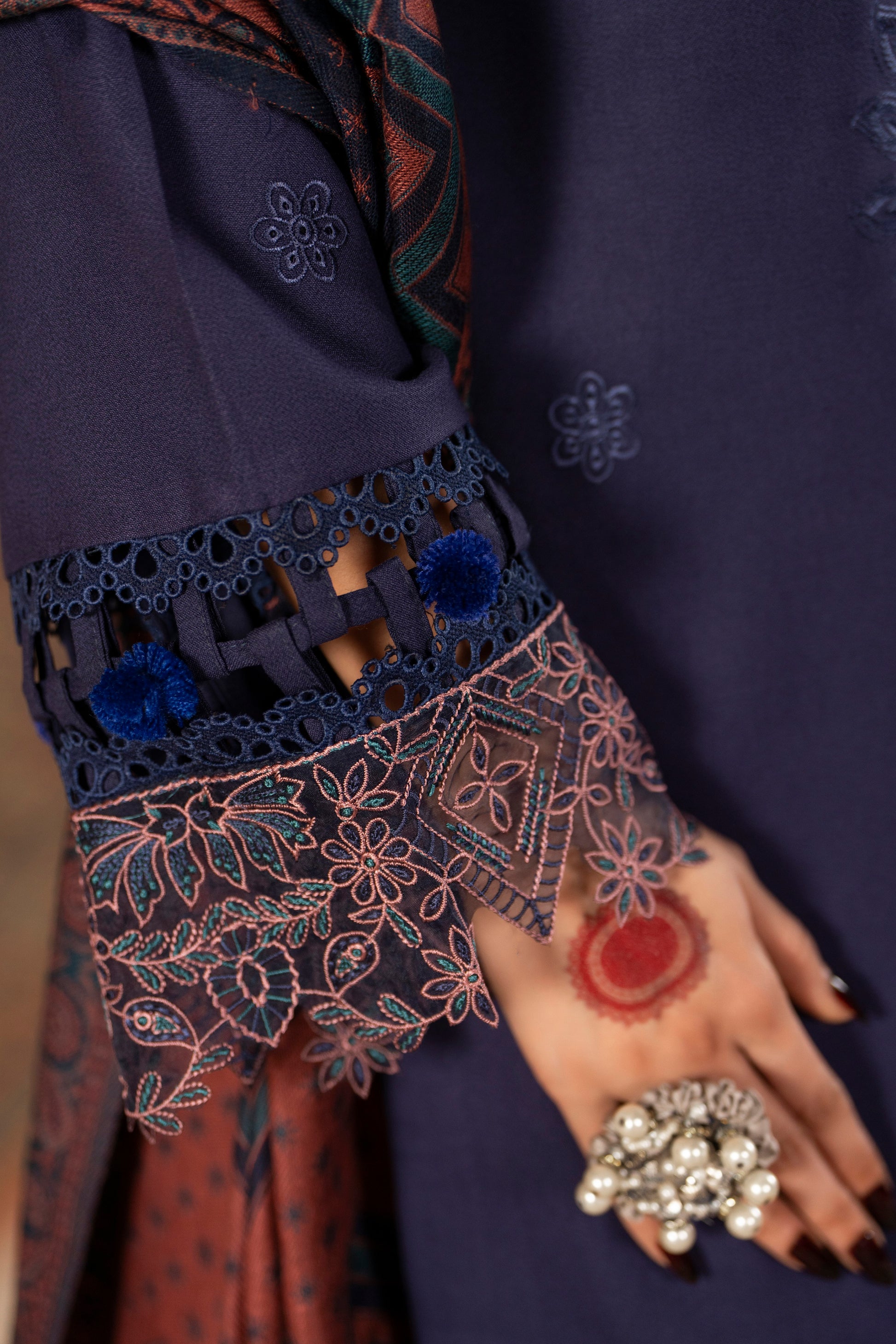 Festive 3PC embroidered Dhanak suit with rich detailing, woolen shawl, and plain trouser ideal for parties