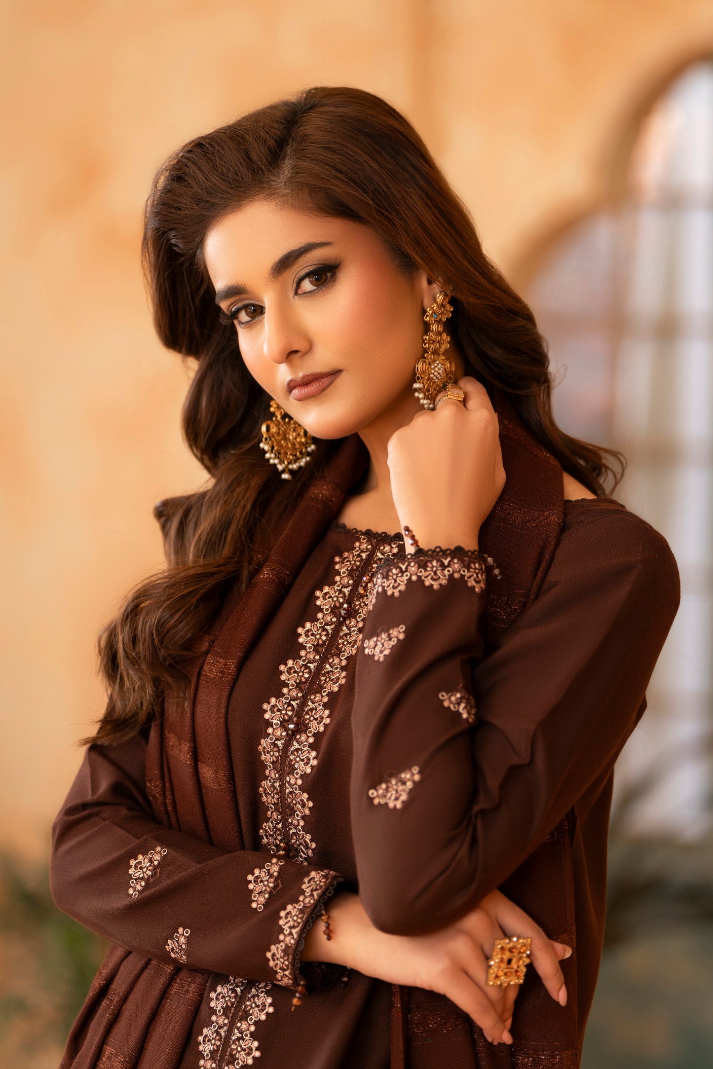 Embroidered Dhanak Woolen Winter Formal Dress, 3-PC suit perfect for elegant winter parties and high-end gatherings