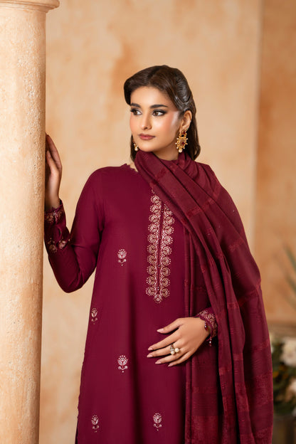 Dhanak Winter Party Set; fashionable 3-PC woolen suit with plain trouser and embroidered shirt, offering class and warmth