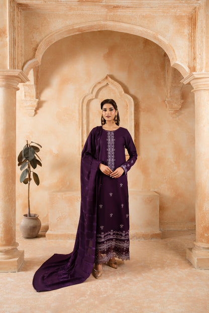 Dhanak Winter Party Wear; a fashionable 3-PC embroidered woolen suit, ideal for formal gatherings and events
