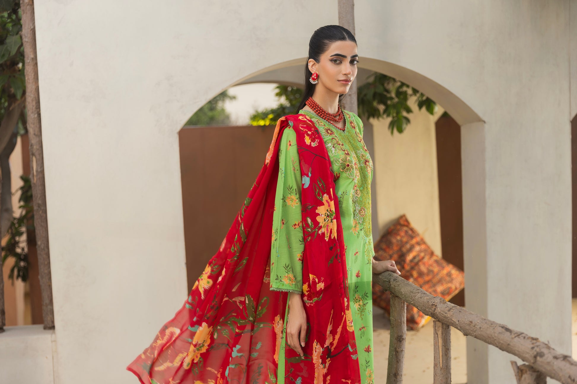 Self-check embroidered lawn shirt with chiffon dupatta and trouser