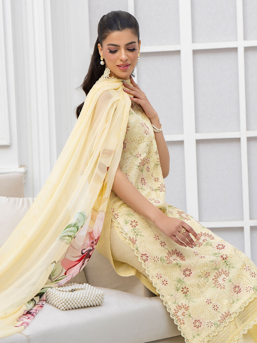  Embroidered lawn shirt, chiffon dupatta, plain karandi trouser unstitched suit