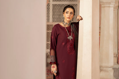 Unstitched embroidered Dhanak winter suit with jacquard shawl and classic trouser.