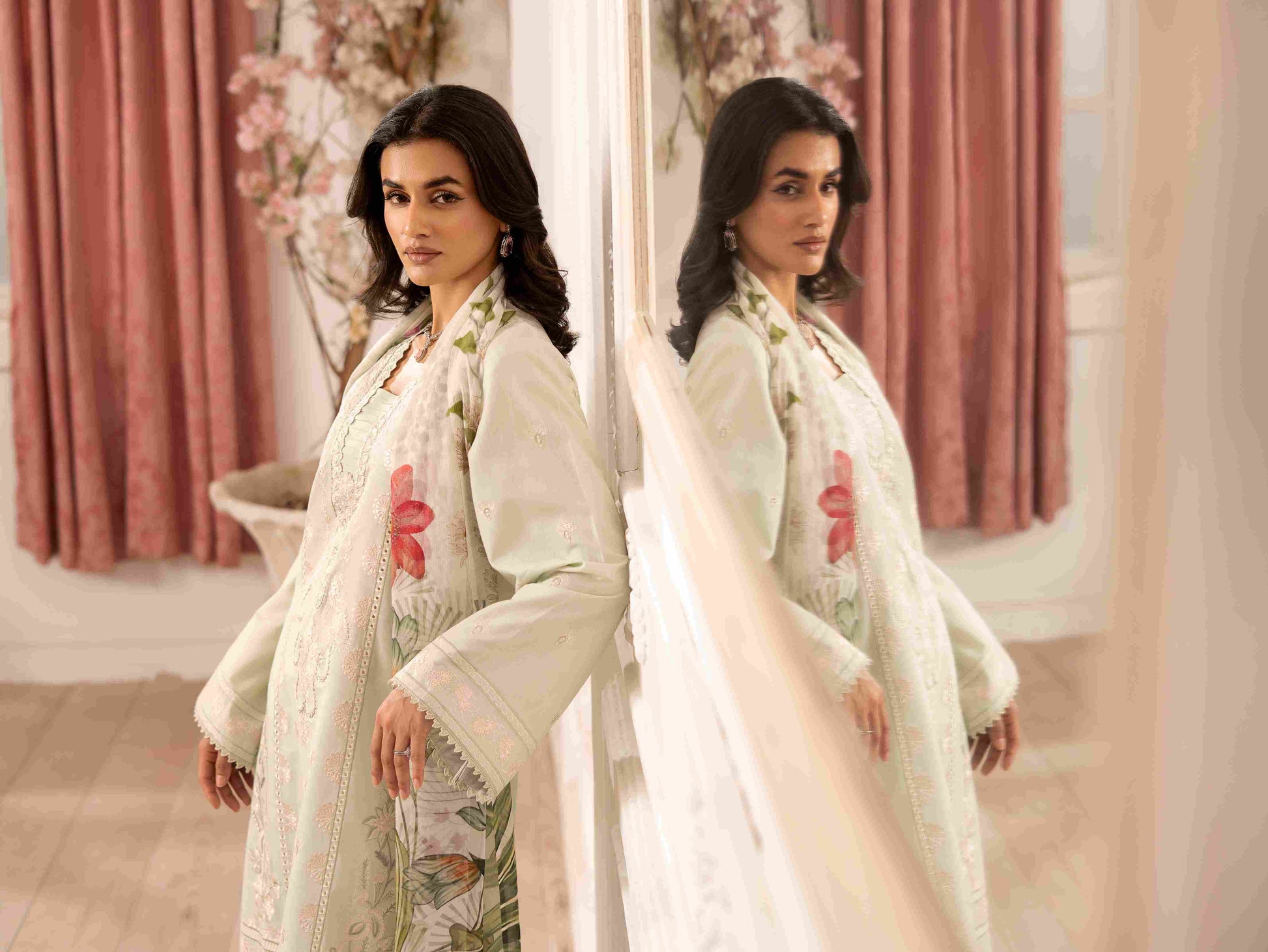 Eastern embroidered lawn shirt styled with plain trouser and chiffon dupatta