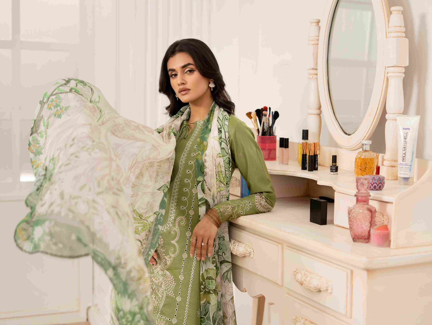 Eastern embroidered lawn shirt styled with organza detailing and chiffon dupatta