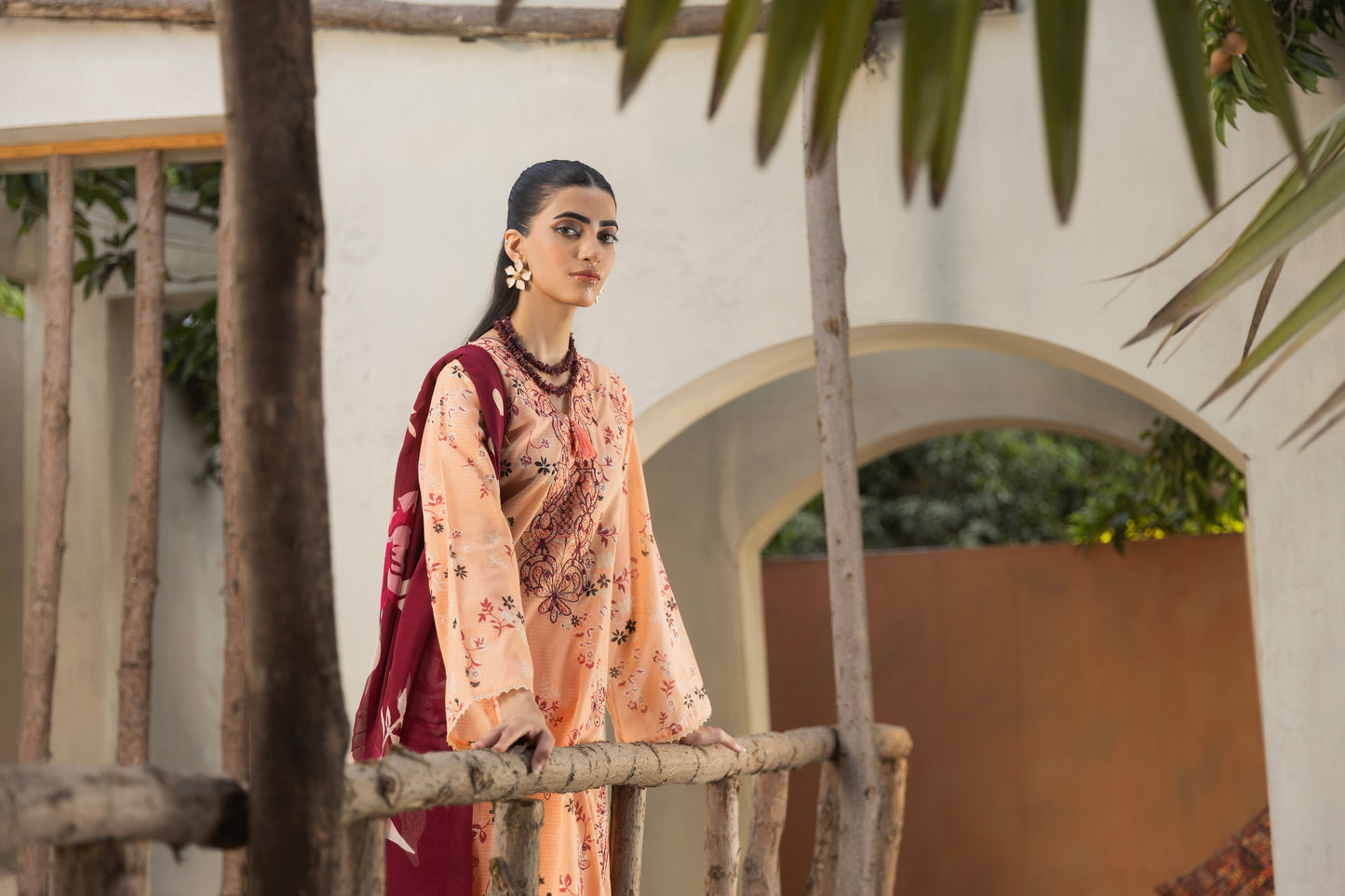 Lawn suit with digitally printed embroidered shirt, chiffon dupatta, and cotton trouser