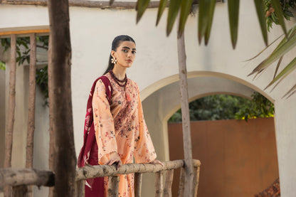 Lawn suit with digitally printed embroidered shirt, chiffon dupatta, and cotton trouser