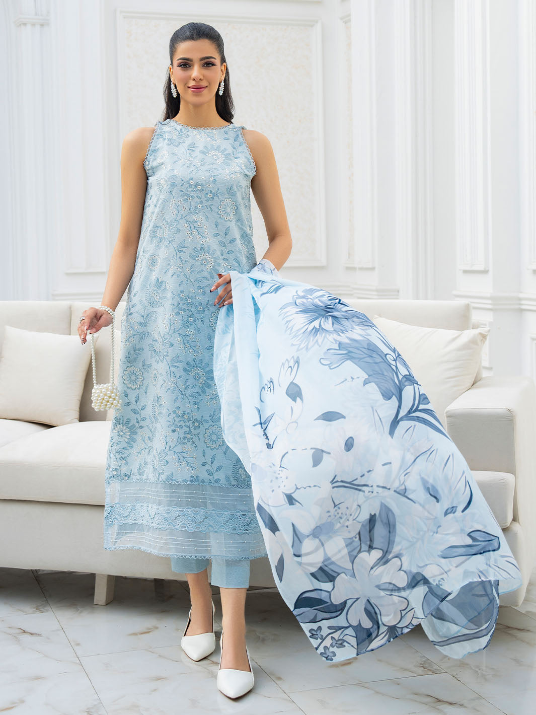 Eastern embroidered lawn shirt with chiffon dupatta and karandi trouser suit