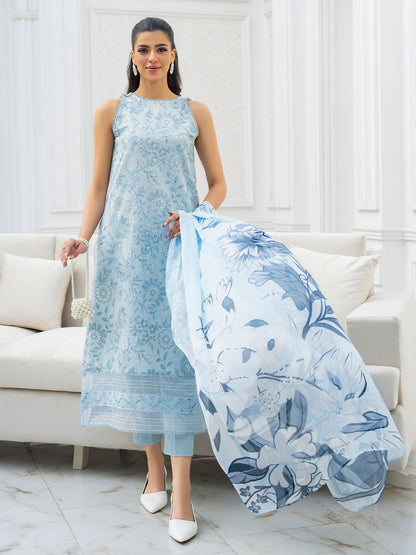 Eastern embroidered lawn shirt with chiffon dupatta and karandi trouser suit