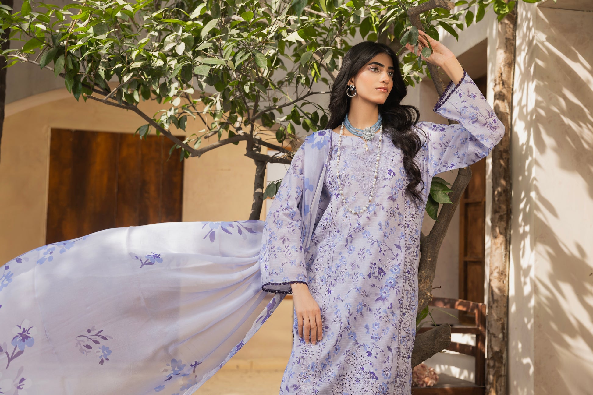 Self-check embroidered lawn shirt, chiffon dupatta, and cotton trouser for women
