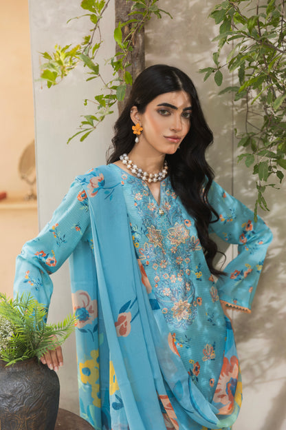 Self-check lawn shirt with embroidered front, printed sleeves, chiffon dupatta, and cotton trouser