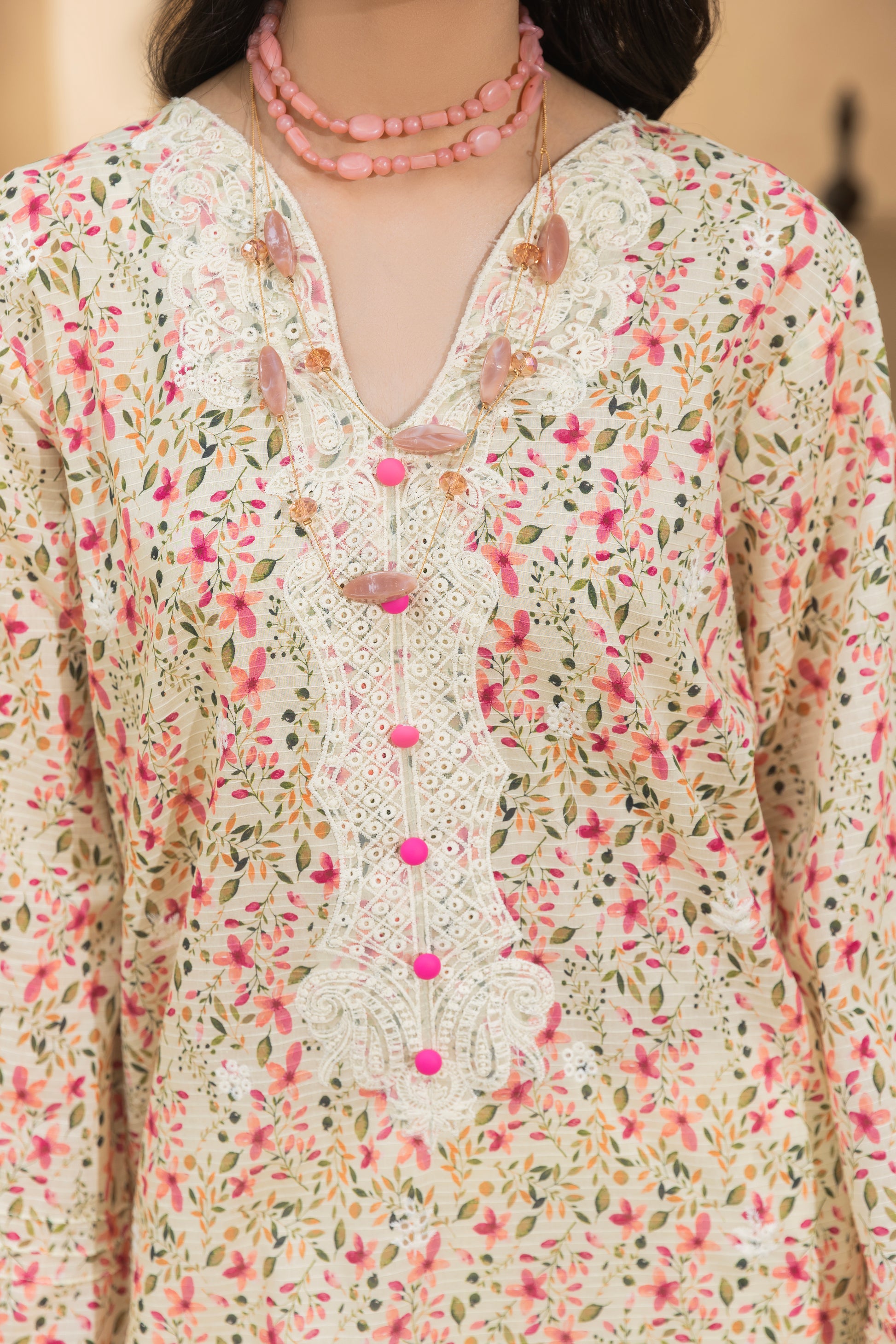 Self-check embroidered shirt with chiffon dupatta and trouser