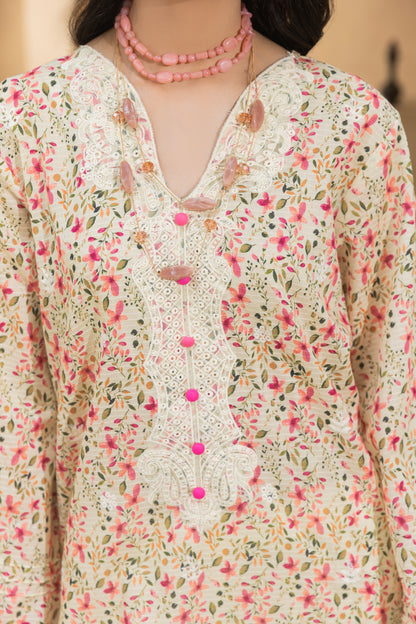 Self-check embroidered shirt with chiffon dupatta and trouser
