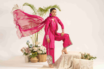 Elegant embroidered lawn shirt styled with chiffon dupatta and comfortable trouser.