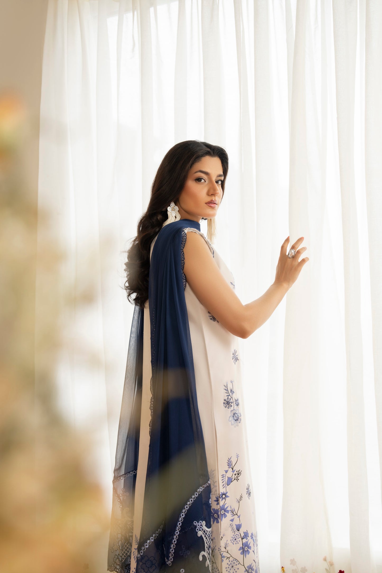 Embroidered viscose shirt and trouser set with chiffon dupatta for casual wear