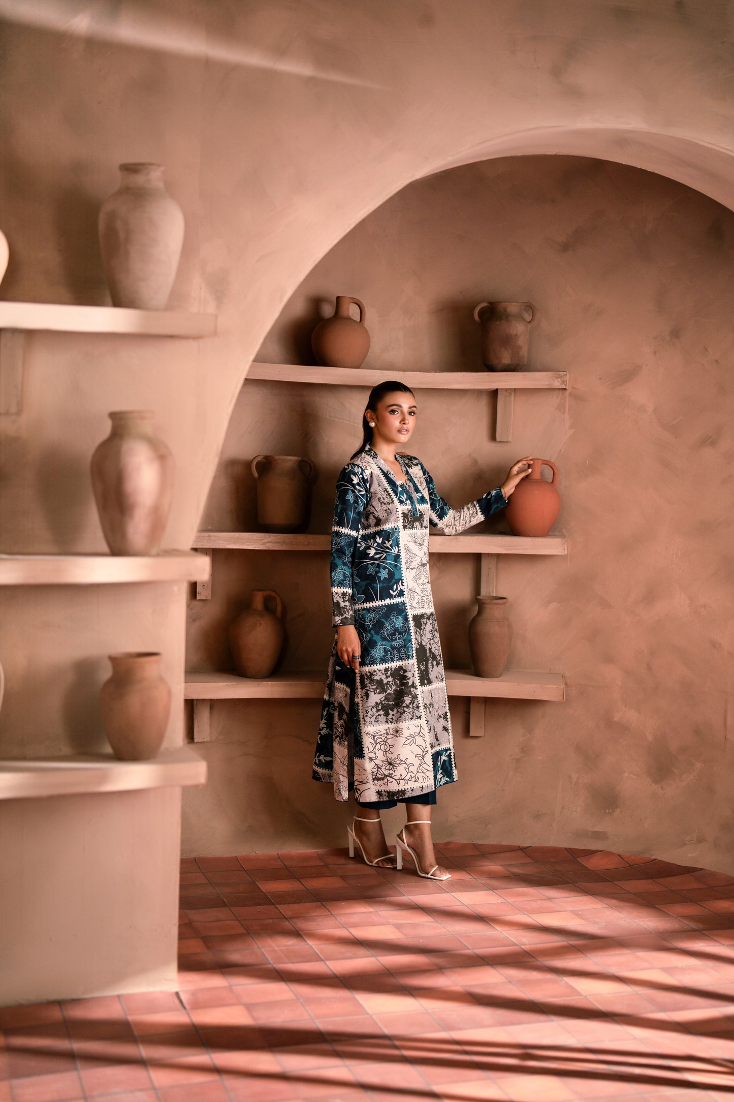 Wedding khaddar fabric dress with eastern-style prints