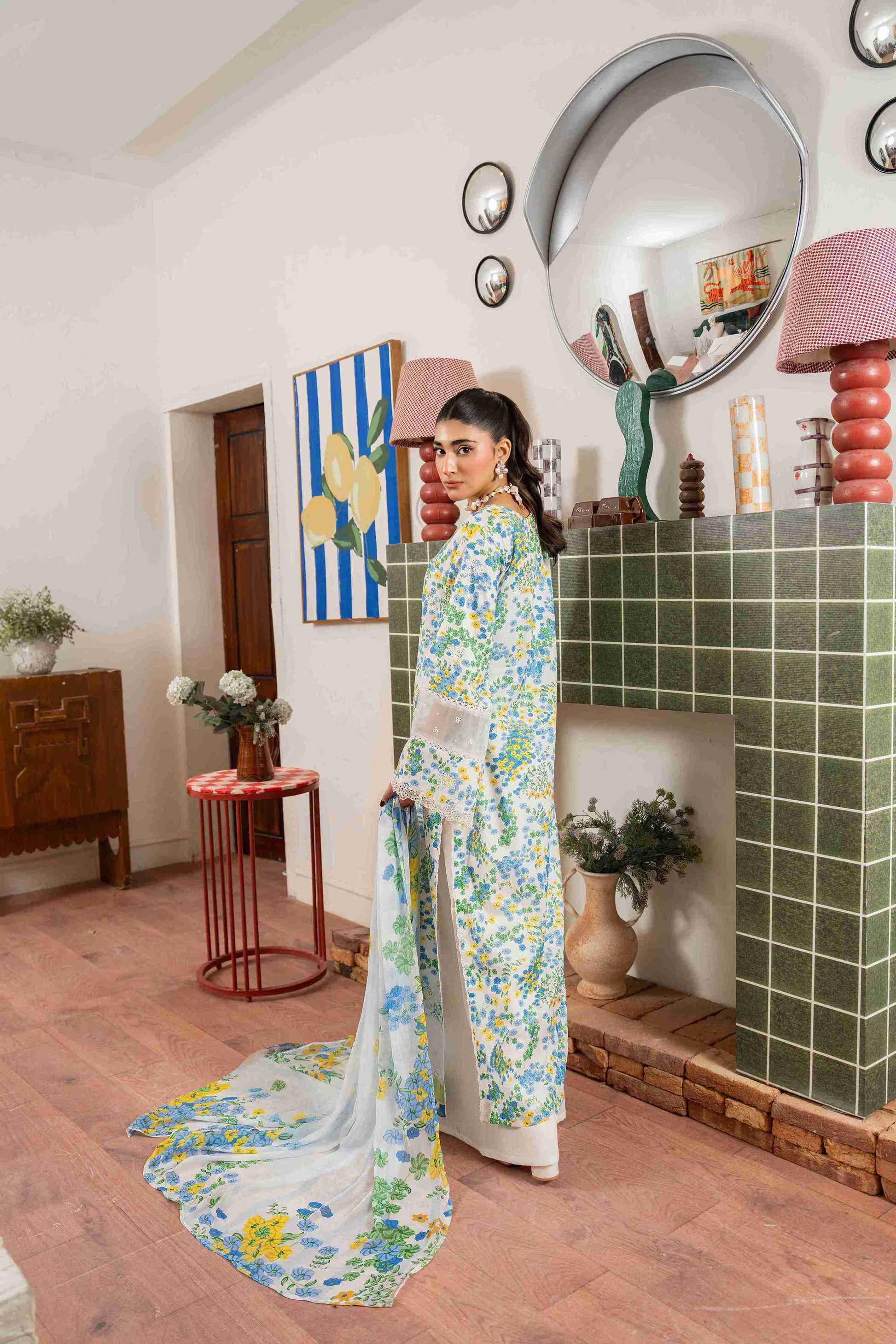 Embroidered lawn suit with a light chiffon dupatta for summer wear