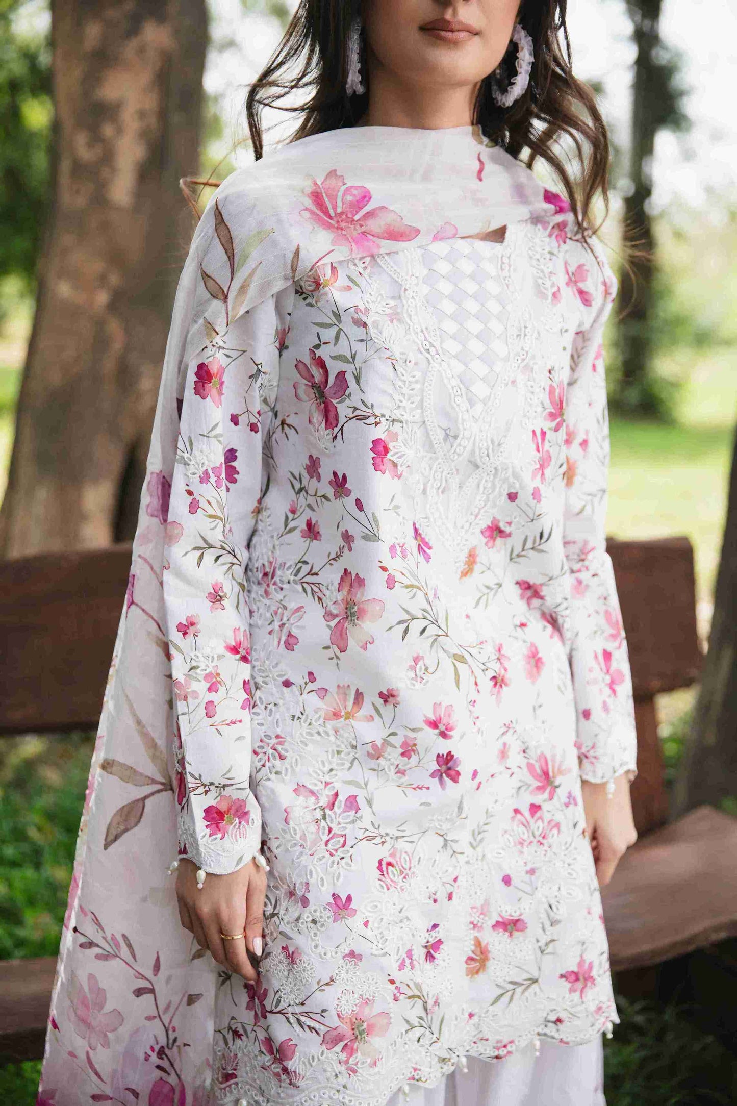 Embroidered lawn kurta, chiffon dupatta, and cotton dyed plain trouser.