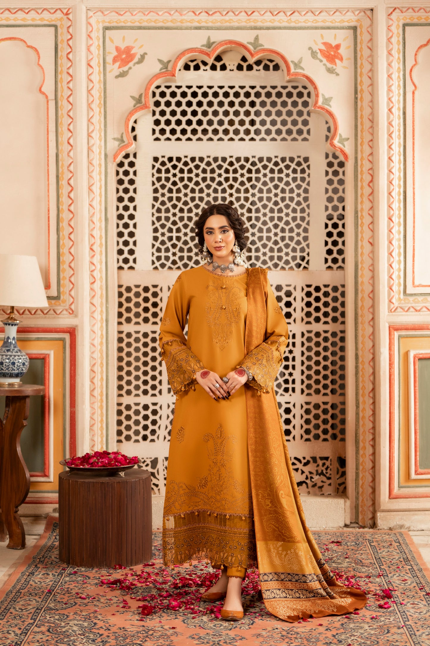 Dhanak 3PC unstitched set with embroidery and jacquard shawl for timeless winter charm.