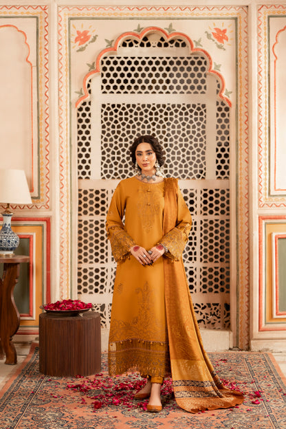 Dhanak 3PC unstitched set with embroidery and jacquard shawl for timeless winter charm.