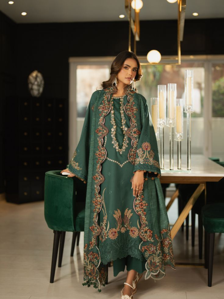  Elegant eastern embroidered green lawn suit with motifs, patchwork, and cotton dupatta