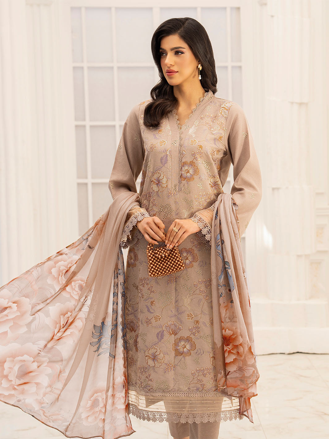 Stylish embroidered lawn shirt paired with chiffon dupatta