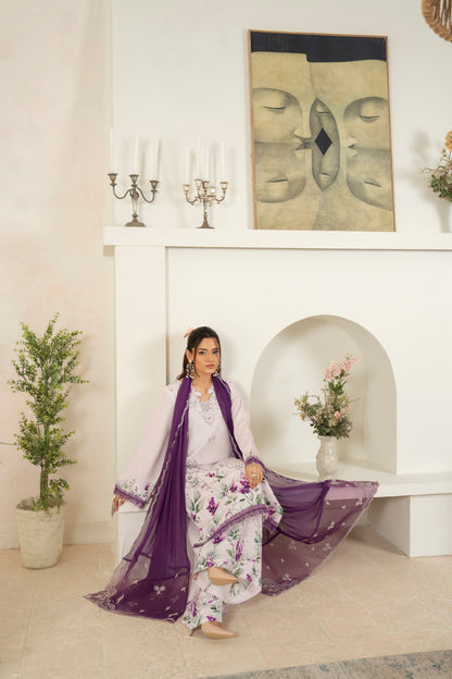 Printed viscose dress with embroidered neckline and chiffon organza dupatta