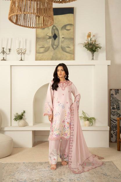 Premium embroidered viscose shirt with chiffon dupatta and printed trouser