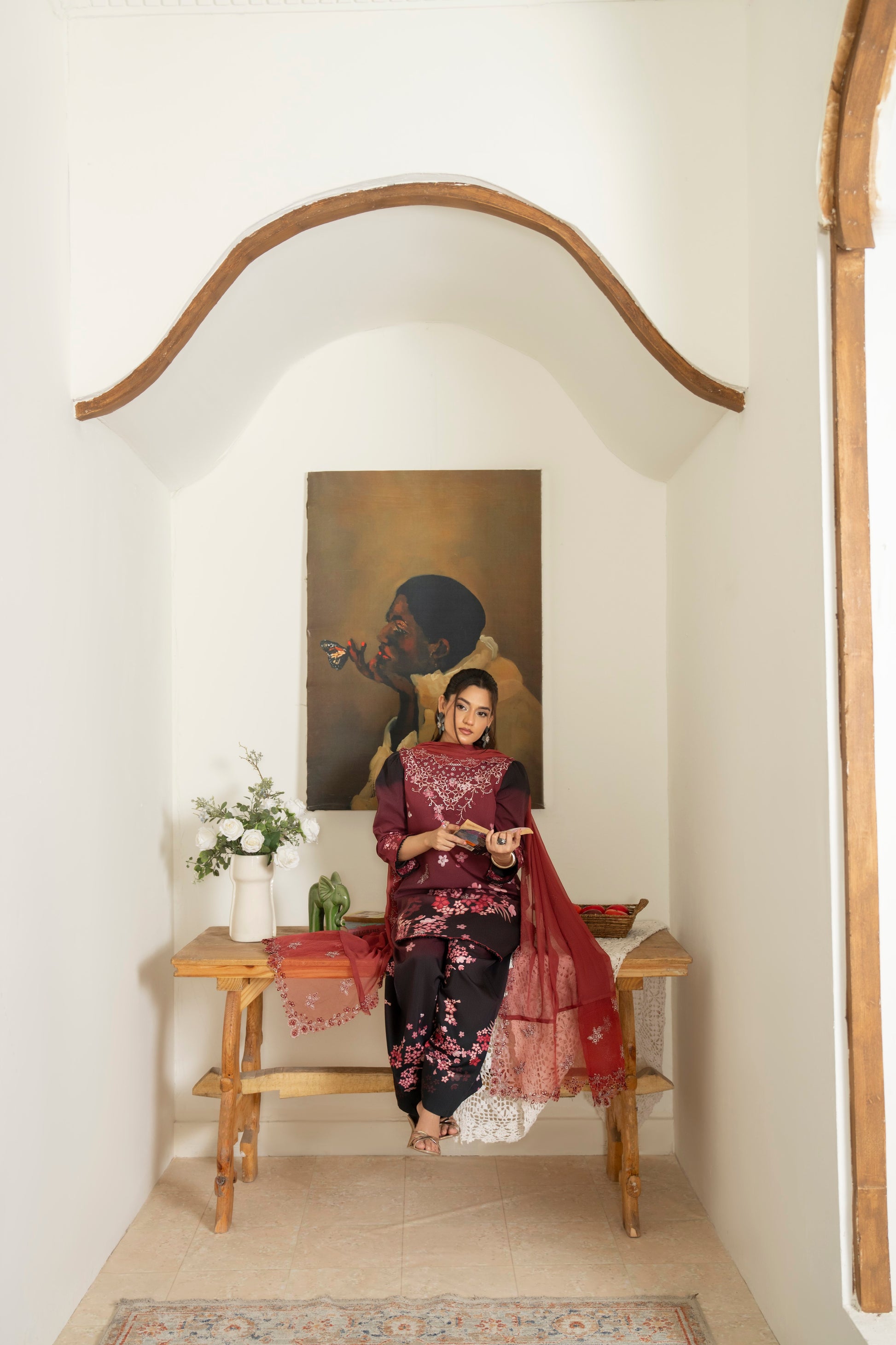 Elegant embroidered viscose winter dress with chiffon dupatta