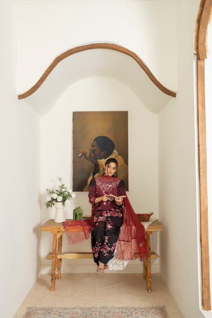 Elegant embroidered viscose winter dress with chiffon dupatta