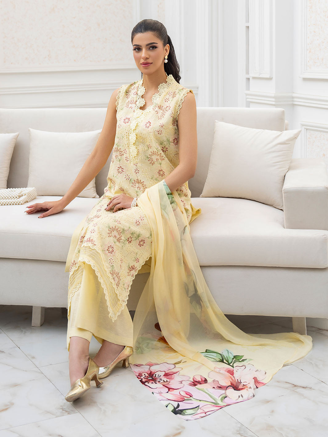 Elegant embroidered lawn suit with chiffon printed dupatta and plain trouser