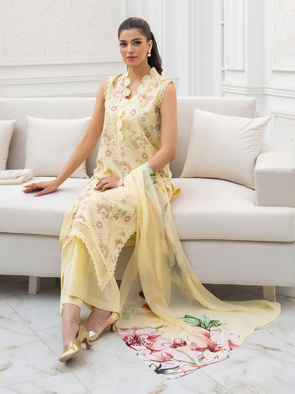 Elegant embroidered lawn suit with chiffon printed dupatta and plain trouser