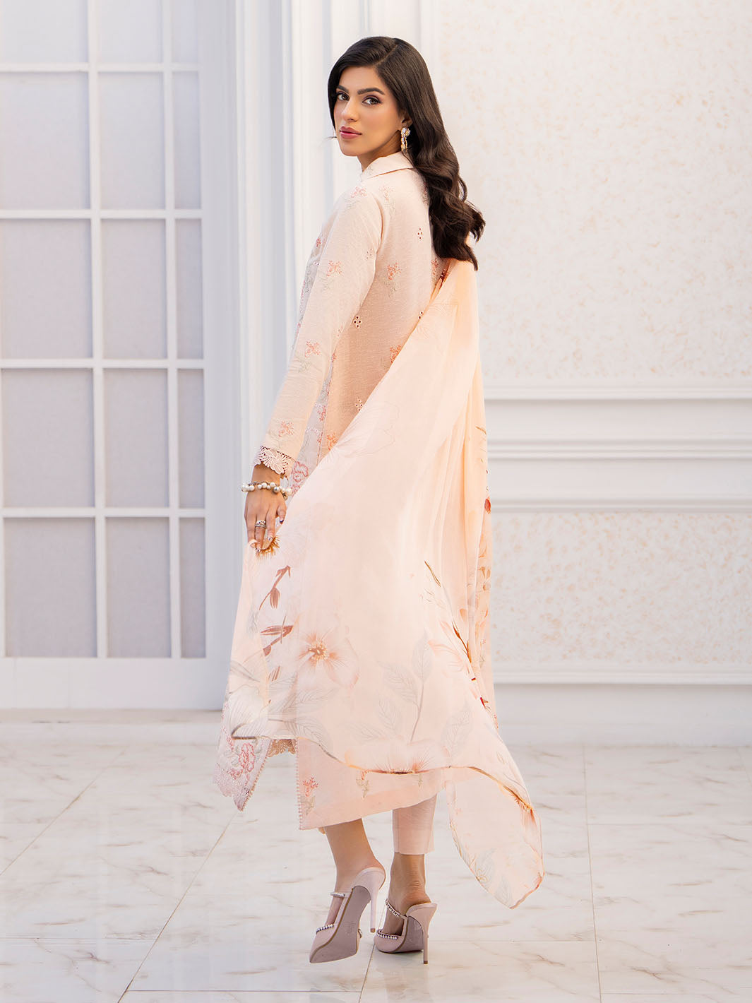  Elegant embroidered lawn shirt, chiffon printed dupatta and karandi trouser suit
