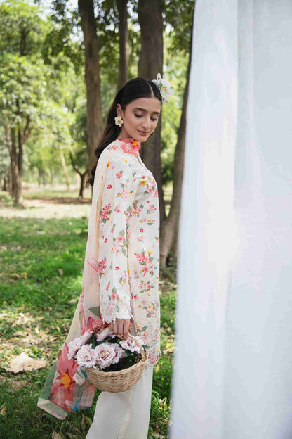 Embroidered lawn outfit styled with chiffon dupatta and cotton trouser.
