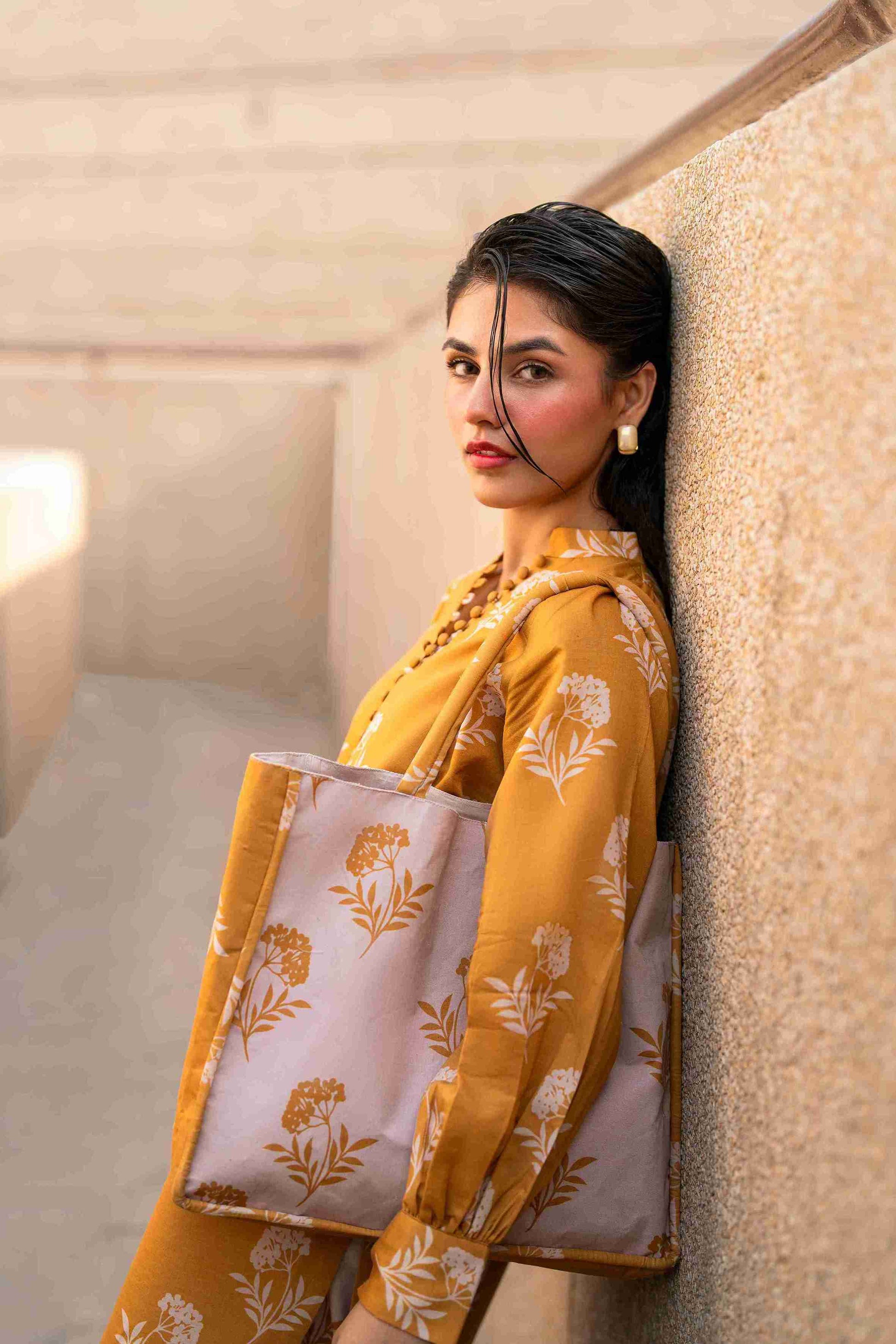 Fancy Jacquard stitched outfit with bell sleeves and trouser for casual looks