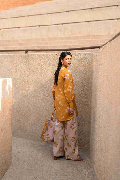 Jacquard stitched tunic top with embroidery and bell sleeves for women