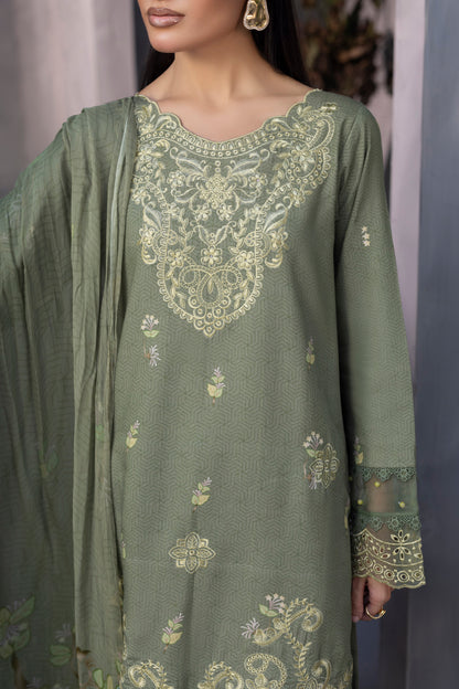 Trendy embroidered Karandi 3PC dress with chiffon dupatta