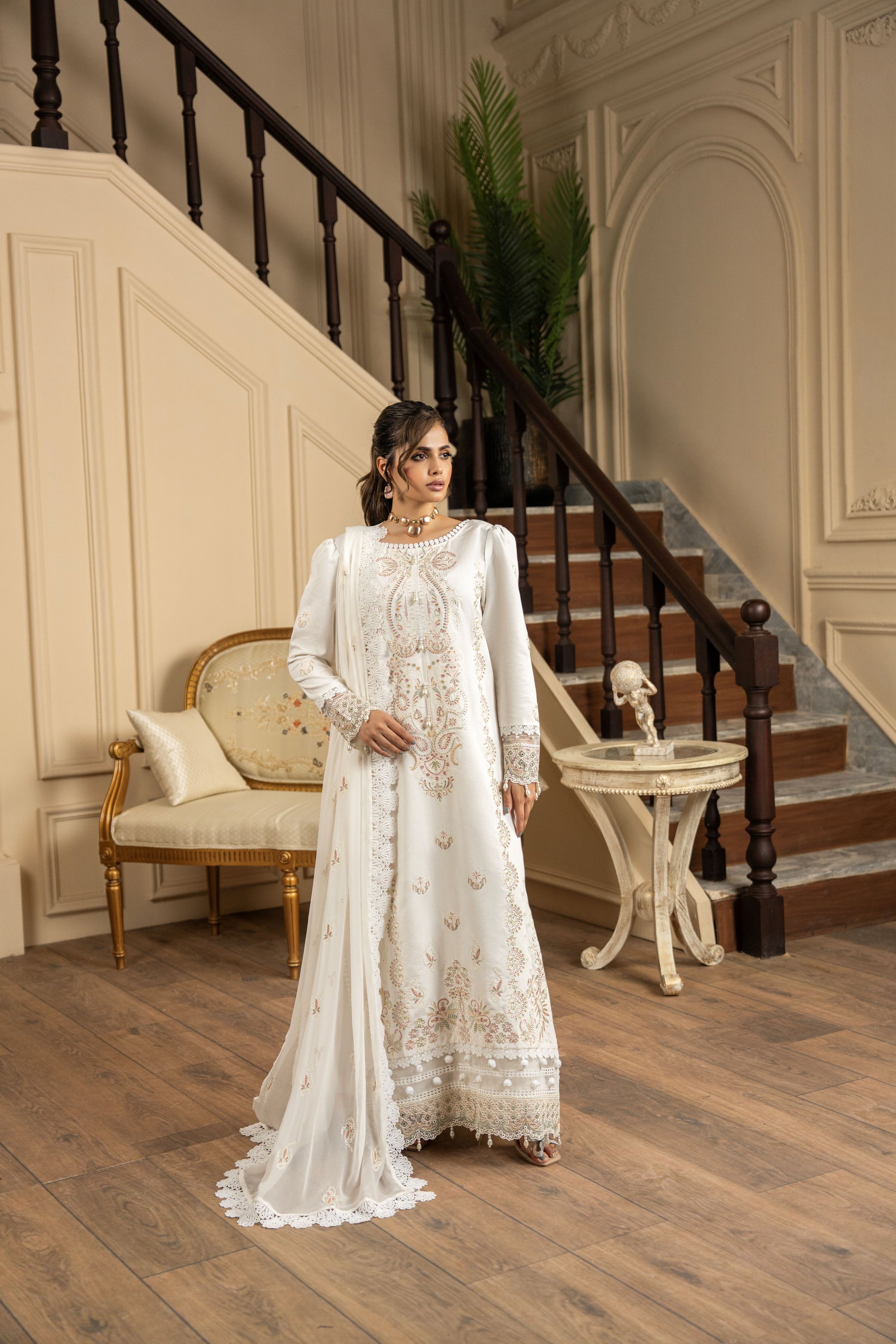 Pakistani 3 PC unstitched karandi suit featuring designer embroidered shirt and dupatta