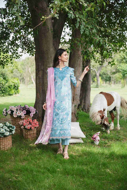 Embroidered lawn shirt with chiffon dupatta and cotton plain dyed trouser.