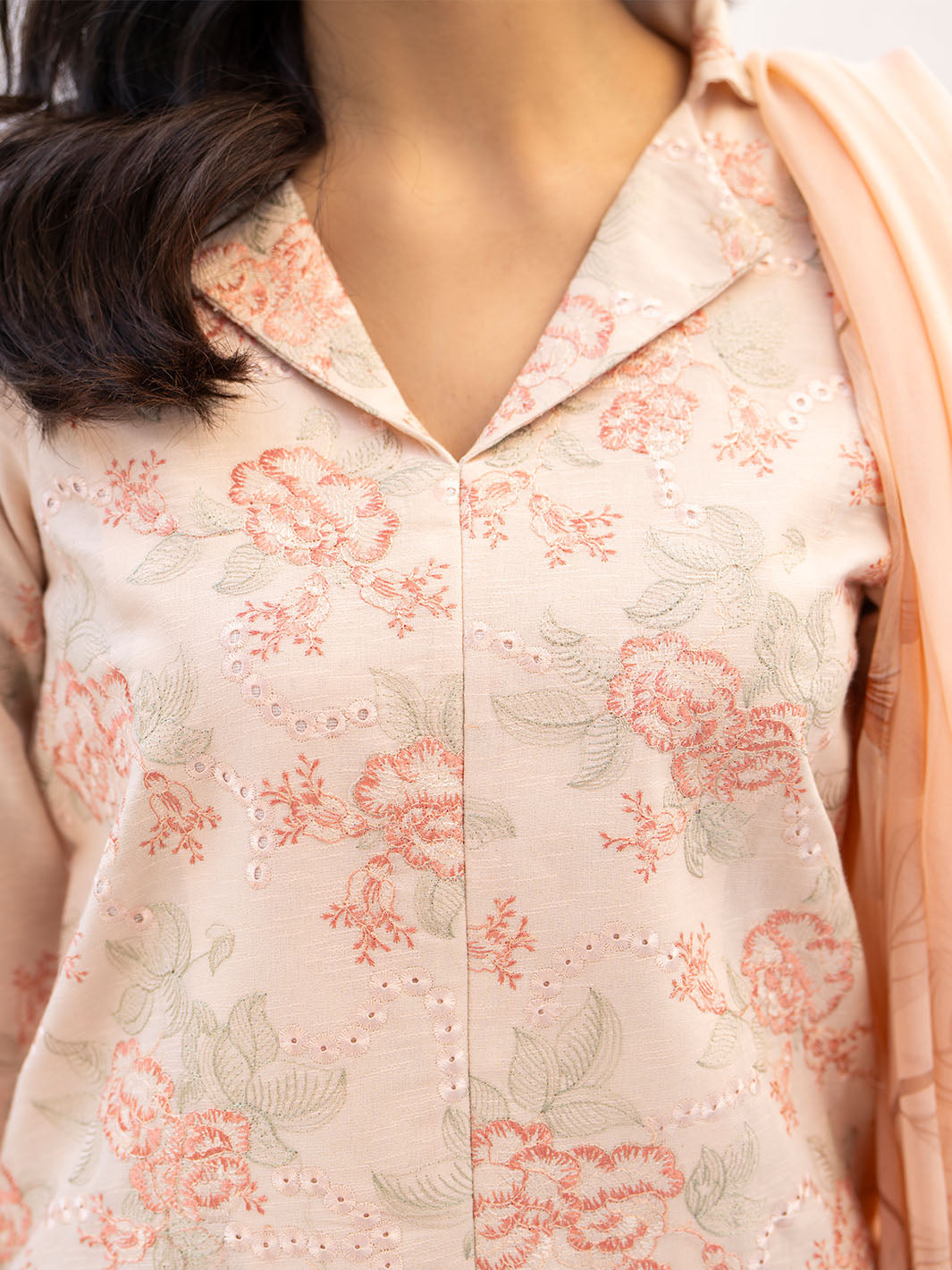 Elegant embroidered lawn shirt with chiffon printed dupatta and karandi trouser