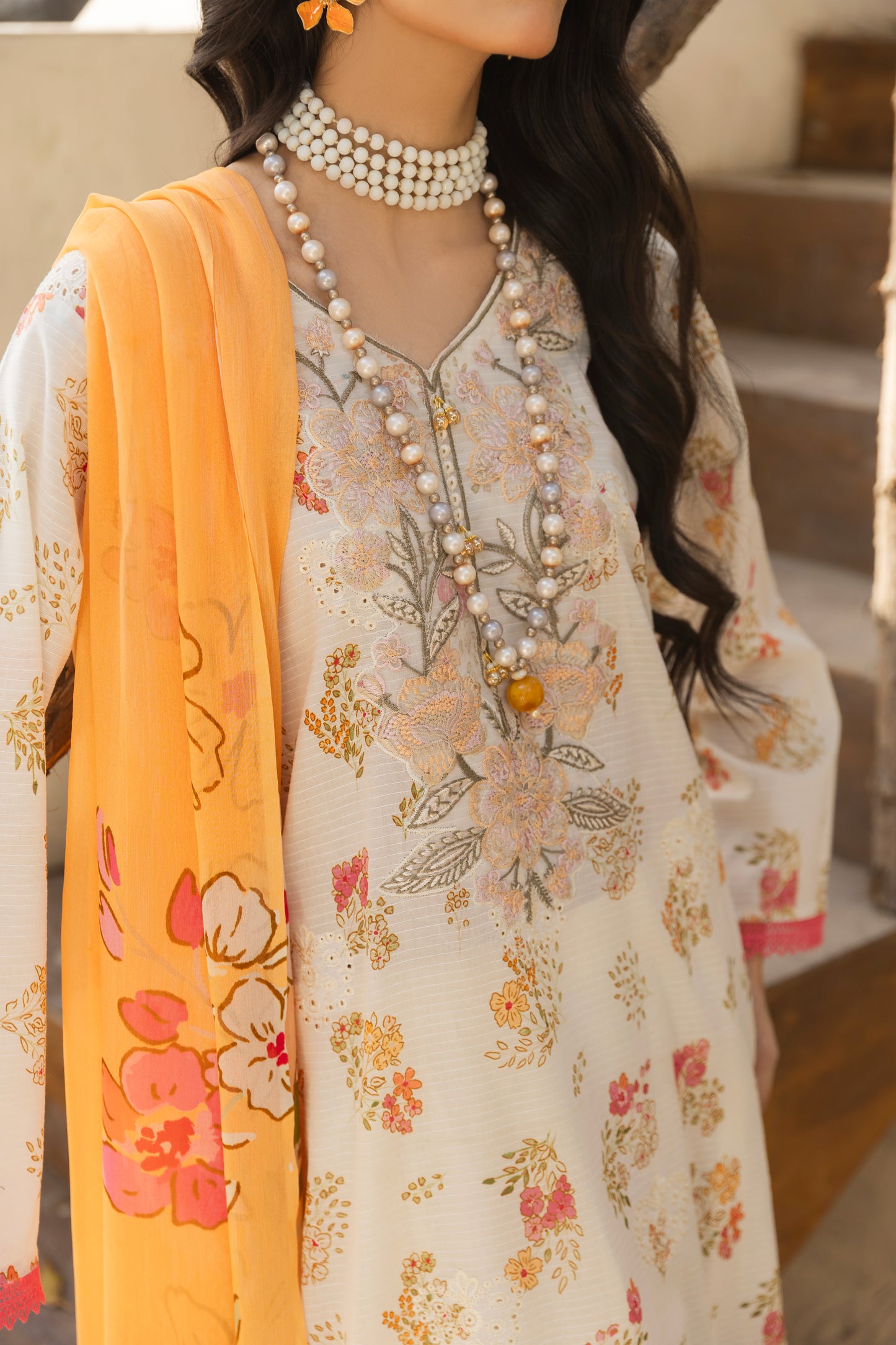 Self-check embroidered lawn shirt with chiffon dupatta and plain cotton trouser for eastern dresses