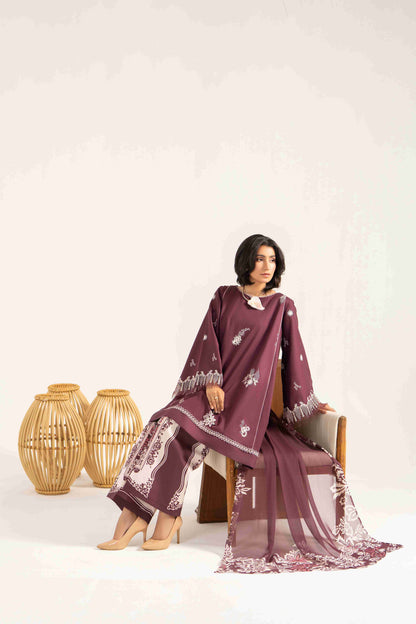 Elegant embroidered lawn shirt paired with chiffon printed dupatta and cotton trouser.