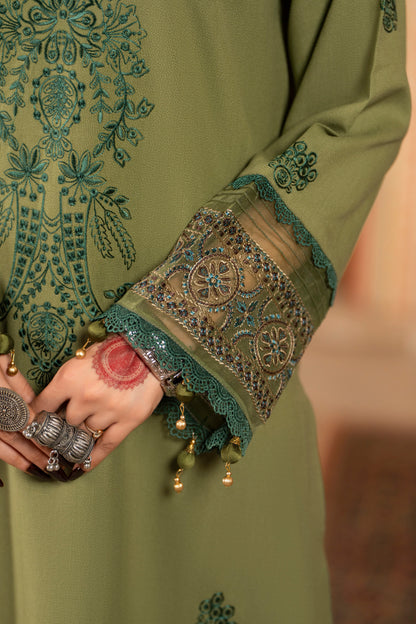 Winter 3PC with embroidery and jacquard wool shawl perfect for festive events.