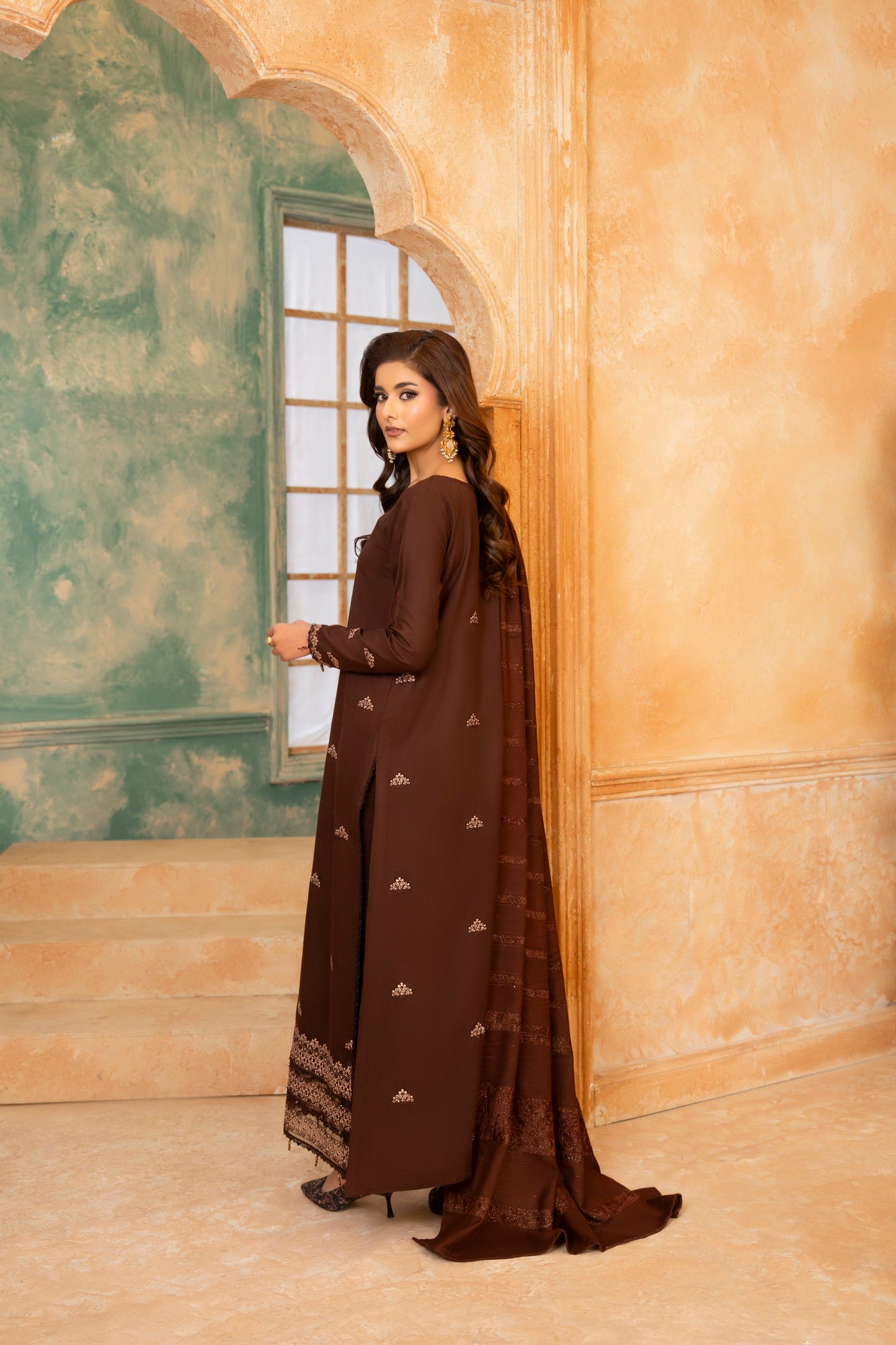 Elegant Plain Trouser Set; Dhanak 3-PC suit with embroidered shirt and fancy shawl, a perfect winter formal dress