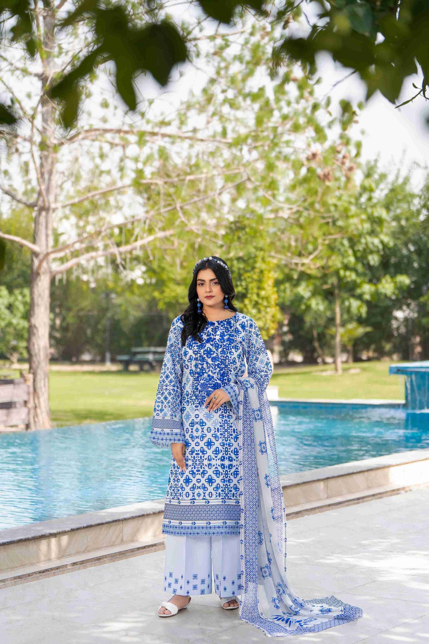 Embroidered kurta, chiffon dupatta, and cotton trouser for summer elegance