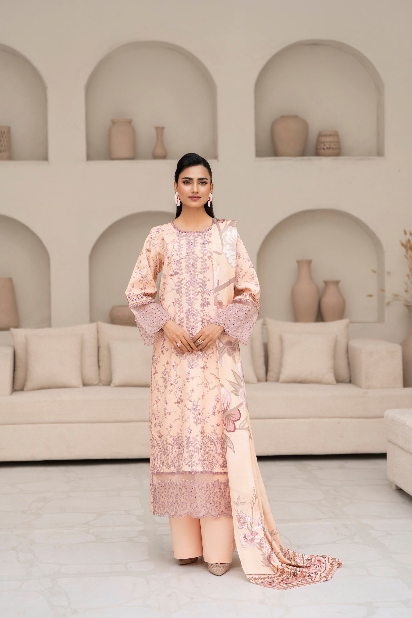 Chic embroidered khaddar outfit with wool shawl